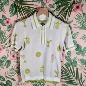 Cynthia Rowley Women's Small 100% Cotton S/S Sweater Polo Cocktails Quarter Zip